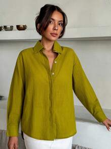 EURMUSE Blouse en lin vert olive pour les vacances d'été
