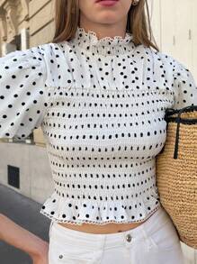 Pariaura French Vintage Romantic Round Neck Shirred Frill Trim Cinched Waist Black & White Polka Dot Short Sleeve Blouse Everyday Wear - Black and White - View 3