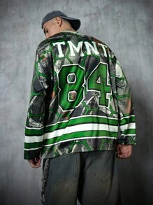 TEENAGE MUTANT NINJA TURTLES | SHEIN Men's Casual Letter & Cartoon Print Long Sleeve T-Shirt,Fall - Green - View 2