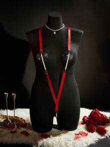 SpicyHot 加大码 2 件珍珠装饰比基尼泳装套装：吊带紧身衣 + 心形乳贴，亮面彩虹色 - 紅色 - 查看 1