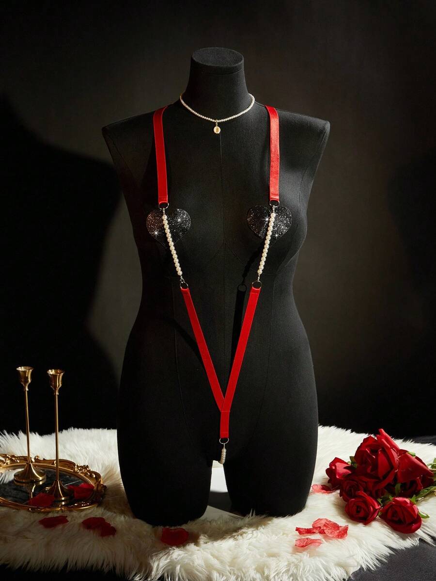 SpicyHot 加大码 2 件珍珠装饰比基尼泳装套装：吊带紧身衣 + 心形乳贴，亮面彩虹色 - 紅色 - 查看 1