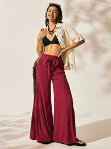 Easelle Boho Women's Clothing Casual Retro Boho Bowknot Wide Leg Pleated Loose And Comfortable Women Long Pants - Red - View 2