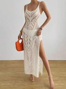 Swim Vcay 全新春假风格纯色欧美度假沙滩罩衫钩针镂空设计女式连衣裙，节日波西米亚风