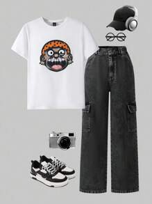 2pcs Boys/Youth/Teenage Boy Outfit: Graphic Print T-Shirt Top + Relaxed Fit Elastic Waist Pockets Black Denim Jeans Pants, Casual Daily Comfortable Spring/Summer/Autumn Set, Y2k Tween Outfit, Boys Cargo Jeans Outfit - Black - View 1