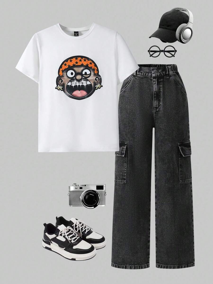 2pcs Boys/Youth/Teenage Boy Outfit: Graphic Print T-Shirt Top + Relaxed Fit Elastic Waist Pockets Black Denim Jeans Pants, Casual Daily Comfortable Spring/Summer/Autumn Set, Y2k Tween Outfit, Boys Cargo Jeans Outfit - Black - View 1