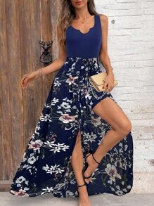 SHEIN Clasi Floral Print Notched Neck Belted Romper - Navy Blue - View 5