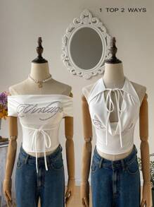 SHEIN MOD Blusa con 2 formas de usar con cristales de strass blancos - Blusa brillante para usar de vacaciones, estilo occidental, look campestre, vacaciones en la playa, estilo bohemio, perfecta para citas, vacaciones, cumpleaños, atuendo festivo y uso en fiestas - Blanco - Ver 1