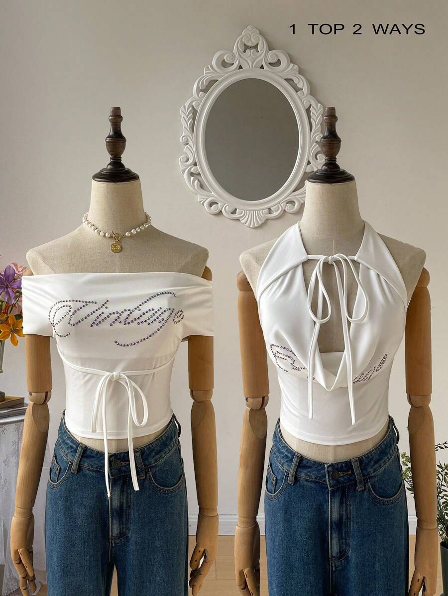 SHEIN MOD Blusa con 2 formas de usar con cristales de strass blancos - Blusa brillante para usar de vacaciones, estilo occidental, look campestre, vacaciones en la playa, estilo bohemio, perfecta para citas, vacaciones, cumpleaños, atuendo festivo y uso en fiestas - Blanco - Ver 1