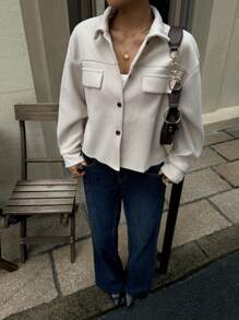 Flap Pocket Drop Shoulder Sleeve Button Front Tweed Jacket