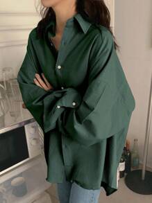 Women's Solid Color Long Sleeve Single-Breasted Loose Business Casual Shirt,Fall Clothes - Dark Green - View 4