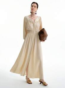 Aalyst 女士优雅斜条纹亚麻度假通勤休闲圆领镂空腰部 A 字高开叉泡泡袖中长连衣裙，春夏秋季