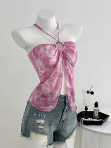 Elamini Women's Casual Backless Tank Top With Cashew Flower Print, Navy Blue Color For Spring And Summer - Baby Pink - View 3