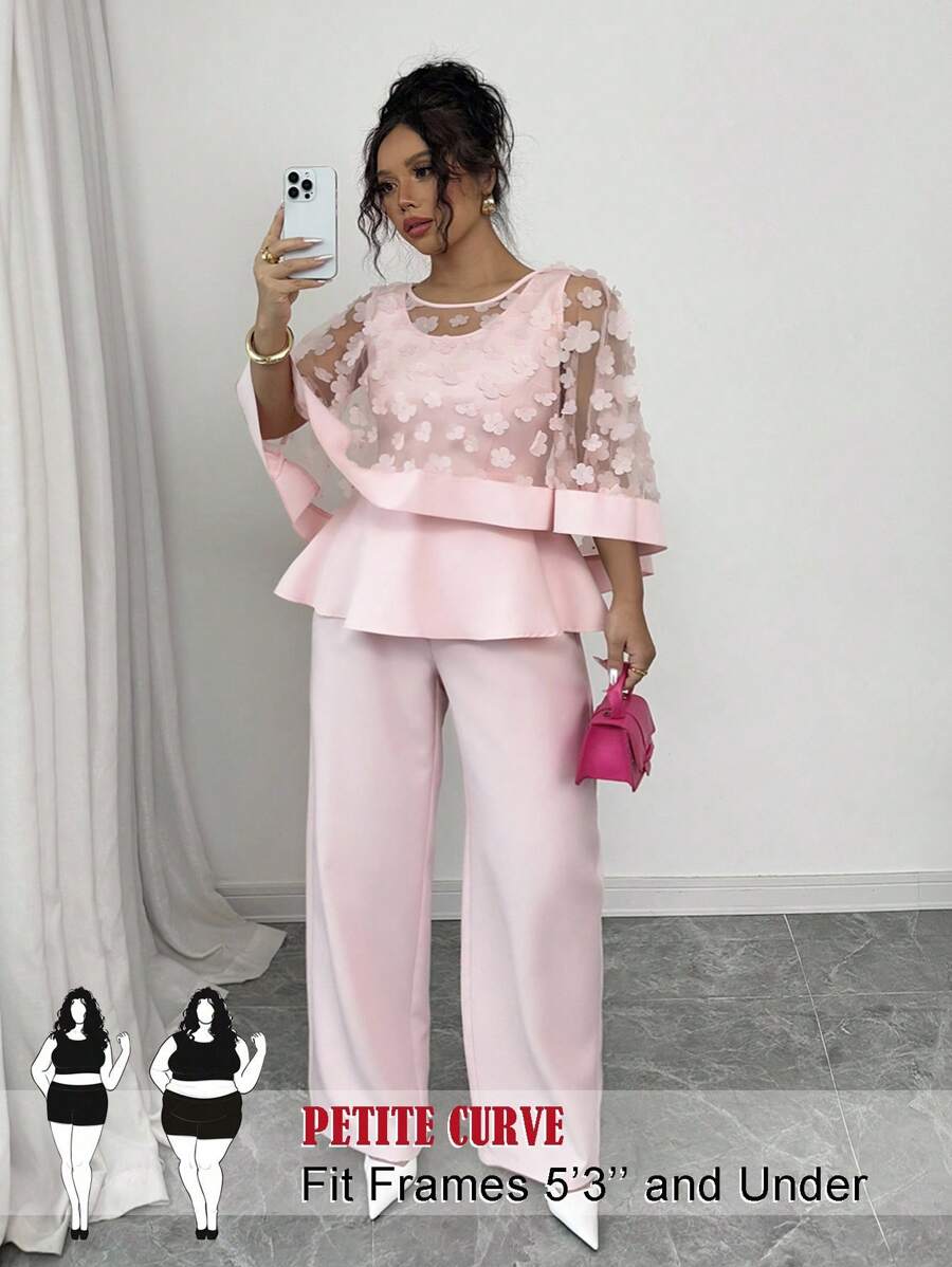 SHEIN PETITE Bộ 2 món áo choàng cổ tròn họa tiết bướm cỡ lớn cho nữ kèm quần ống đứng màu trơn - Màu Hồng baby - Xem 1