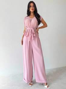 Firerie Women's Elegant Romantic Pleated Waist V-Neck Shirt And High Waist Long Pants 2 Pieces Suit Set, Fashion Commuting Daily Wear, Light Pink, Teacher Outfits For Women - Dusty Pink - View 8