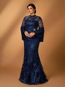 Serin Plus Size Elegant Navy Blue Minimalist Stand Collar Sequins Embellished Chiffon Mesh Splice Long Sleeve Sparkly Crystal Mermaid Hem Blouse, Bridal Mother Outfit - Navy Blue - View 3