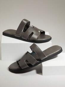 SHUZIA 男士优质油面 PU 灰色 H 型镂空可调节系带拖鞋 - 奢华舒适街头服饰，游艇俱乐部必备 - 灰色 - 查看 2