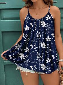 EMERY ROSE Casual Elegant Navy Blue & White Ditsy Ditsy Floral Plus Size Women Camisole & Tank Top Suitable For Summer Suitable For Going Out - Black - View 1