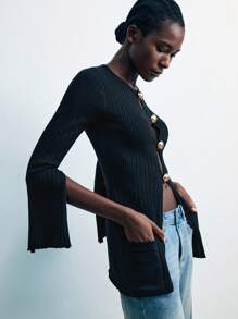 Maija Women Fashion Casual Metal Buckle Urban Minimalist Anti-Pilling Knit Sweater Ribbed Shirt Knit Top Women Knit Tops Cardigan Cropped Ribbed Knit Top Ribbed Cardigan Cropped Cardigan Button Cardigan Going Out Tops Fall Women Sexy For Women Concert For Women Date Night Women Fall Women Fall Women Autumn Winter Going Out Tops Women Going Out Tops Going Out Tops For Going Out Halloween Halloween Halloween Women Fall For Women Halloween - Black - View 4