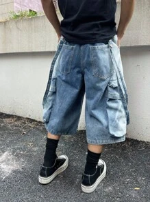 Manfinity EMRG 男士休闲街头时尚口袋阔腿牛仔短裤 - 淺色水洗藍 - 查看 2