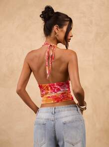 SHEIN BAE Áo crop top hở lưng in họa tiết hoa gợi cảm cho nữ khi đi nghỉ - Đỏ - Xem 2