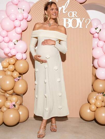 Loomaby Vestido de maternidad elegante para fiestas con hombros descubiertos, decoración floral 3D y unicolor