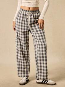 Easelle Casual Retro Plaid Loose Pocket Elastic Waist Women's Pants Gingham Pants Checkered Pants Plaid Pants Women Pants Loungewear Pants