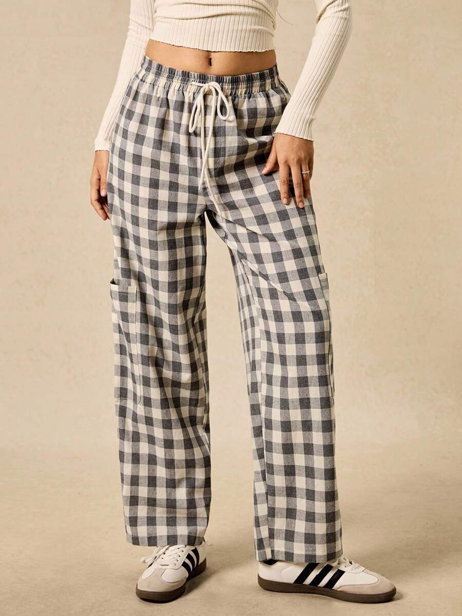 Easelle Casual Retro Plaid Loose Pocket Elastic Waist Women's Pants Gingham Pants Checkered Pants Plaid Pants Women Pants Loungewear Pants