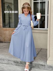 SHEIN Serisse Kids 青少年女孩休闲泡泡袖V领褶裥长裙 - 霧霾藍 - 查看 1