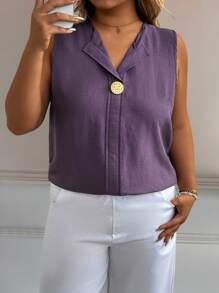 EMERY ROSE Plus Size Women Solid Color Casual V-Neck Sleeveless Metal Button Regular Tank Top - Purple - View 5