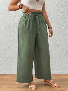 EMERY ROSE Femei Plus Size talie înaltă confortabil talie elastică cu șnur înclinat buzunare cu dungi textură largi pantaloni casual largi - Verde - Vizualizare 6