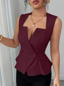 Elenzga 女士新款优雅荷叶边领 A 字型无袖衬衫，适合通勤、度假、约会、郊游、花园、家庭聚会、劳动节、节假日、独立日、返校、教师节、万圣节、感恩节 - 酒紅色 - 查看 3