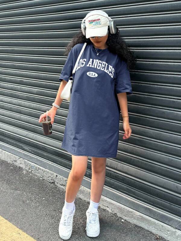 SHEIN Everyday Casual Drop Shoulder Tee Dress With Pocket For Teens In Semi-Sheer Polyester