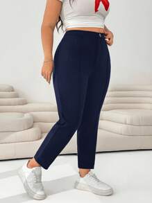 Solflare Plus Size Women Navy Blue Knitted 3/4 Slim Pants Fall - Navy Blue - View 5