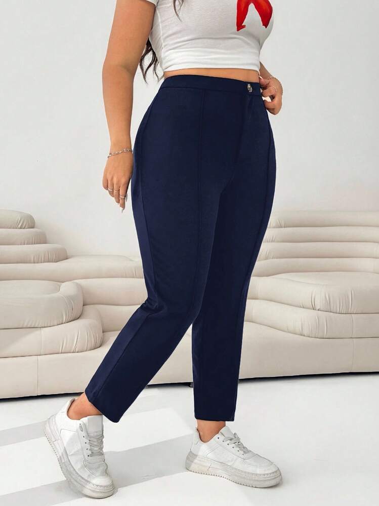 Solflare Plus Size Women Navy Blue Knitted 3/4 Slim Pants - Navy Blue - View 5