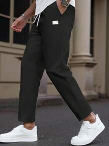 Manfinity Homme 男士直筒裤，松紧腰，抽绳，袖口有小细节，秋季 - 黑色 - 查看 2