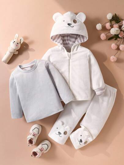 SHEIN 幼儿男童可爱熊耳朵毛绒面料舒适柔软长袖T恤和裤子套装