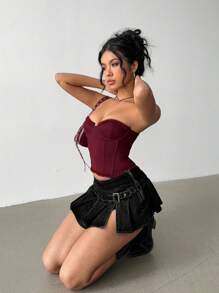 Aloruh 女式性感超低腰牛仔褶皱迷你裙 - 深灰色 - 查看 3