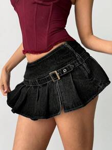 Aloruh 女式性感超低腰牛仔褶皱迷你裙 - 深灰色 - 查看 5