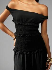 MISSGUIDED Đầm Maxi trễ vai xếp nếp có viền bèo nhún cho tiệc tối, tiệc cưới mùa hè, dài đến sàn, thanh lịch, eo xếp ly, phong cách Boho - màu đen - Xem 3