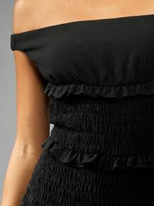 MISSGUIDED Đầm Maxi trễ vai xếp nếp có viền bèo nhún cho tiệc tối, tiệc cưới mùa hè, dài đến sàn, thanh lịch, eo xếp ly, phong cách Boho - màu đen - Xem 5