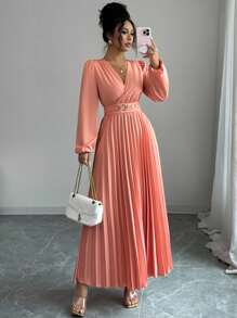 Elenzga 女式重叠 V 领灯笼袖褶边返校优雅婚礼派对礼服，秋冬 - 橘色 - 查看 5