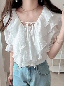 FRIFUL Blusa suelta de 3/4 de manga con volantes en patchwork y lazo cruzado, dulce para primavera y verano para mujer - Blanco - Ver 4