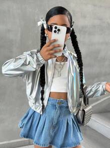 SHEIN 少女休闲纯色短款飞行员夹克，适合日常穿着，Y2K金属银色夹克，秋冬季款 - 銀色 - 查看 3