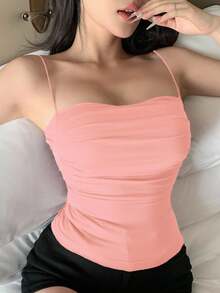DAZY Tight-Fit Tank Top With Built-In Padded, Ruched Design - Pink - View 5