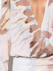 KIZN Đầm ngắn quấn tay dài cổ chữ V in họa tiết màu nước Đầm dự tiệc tối câu lạc bộ thời trang hiện đại sang trọng - Nhiều màu - Xem 5