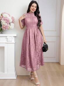 Modelyn 大码纯色蕾丝拼接时尚派对礼服宝蓝色正式礼服长款晚礼服 - 粉色 - 查看 4