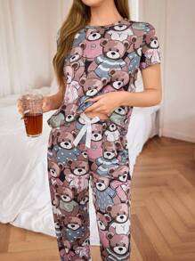 可爱小熊全身印花短袖睡衣套装 - 彩色 - 查看 7