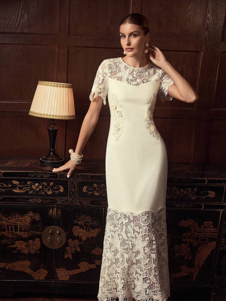 ZEYLAH Vestido ajustado de cuello redondo de manga corta con encaje bordado extra largo para mujer, para otoño/invierno