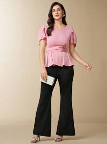 SHEIN Clasi Ladies' Casual Elegant Petal Short Sleeve Cut-Out V-Neck 3D Floral Belt Elastic Waist Ruffle Hem Blouse Top And Elastic Waist Flare Leg Pants 2 Pieces Set, Plus Size, Fall Women Clothes Fall Clothes Fall Women Outfits - Dusty Pink - View 4