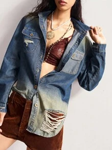 Bohemela 波西米亚风做旧牛仔夹克，适合音乐节、万圣节、秋冬季外套穿着，女士秋季夹克 - 藍色 - 查看 6